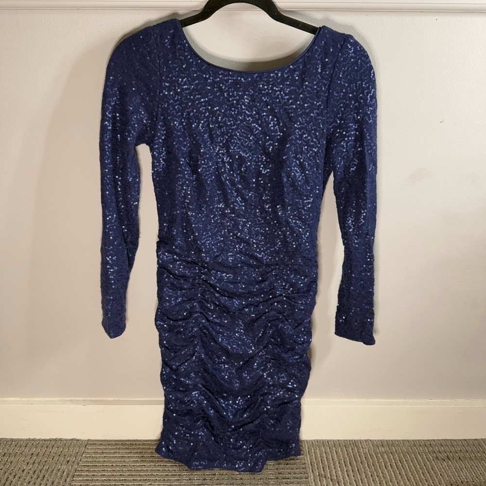 Aidan Mattox Navy Sequin Rouched Detail Low Back Long Sleeve Dress